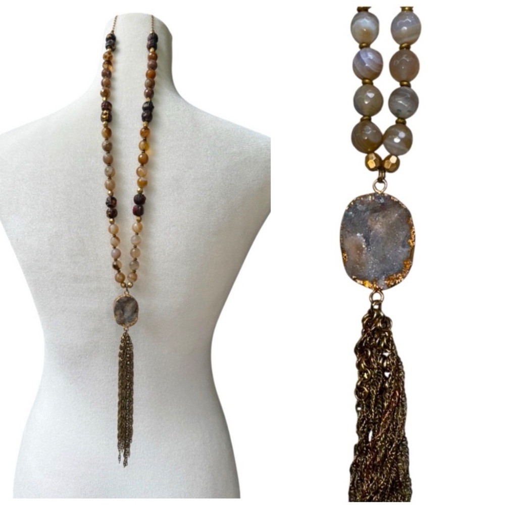 Lucky Star Jewels Signed Sparkly Natural Stone Round Bead Chain Tassel Necklace